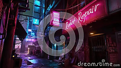 Cyberpunk dark street at night, gloomy alley with neon sign of robot repair store. City scene with grungy buildings and purple Stock Photo