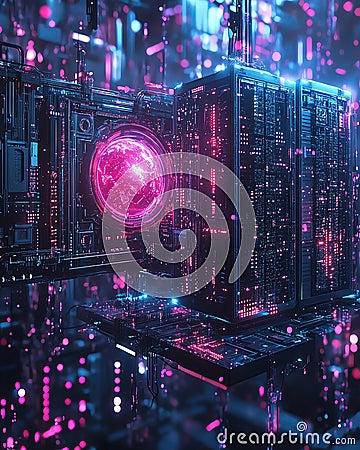 Cyberpunk Data Center: Futuristic Server Room with Glowing Data Core, futuristic data center with glowing elements Stock Photo