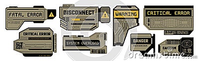 Cyberpunk decal templates. High tech critical and fatal error warning signs, system overload sticker, digital disconnect Vector Illustration