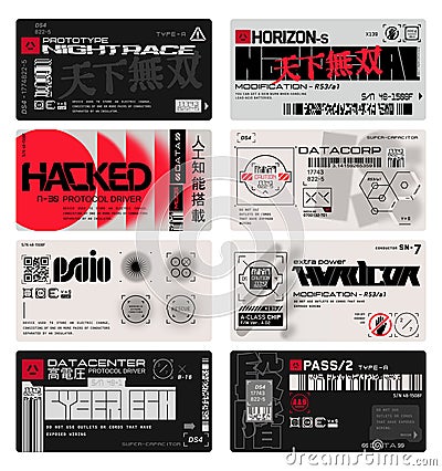 Cyberpunk decals set. Set of vector stickers and labels in futuristic style Vector Illustration