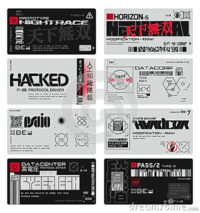 Cyberpunk decals set. Set of vector stickers and labels in futuristic style Vector Illustration