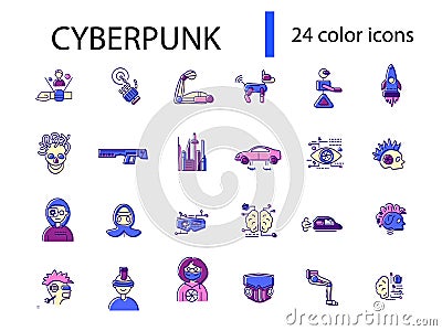 Cyberpunk flat icons set. Future with robot technology. Apocalypse idea. Confrontation between humans and robots Vector Illustration