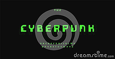 Cyberpunk font, retro digital typeset. Green hacker alphabet, pixel unusual type. Cyber tech letters for microchip hud Vector Illustration