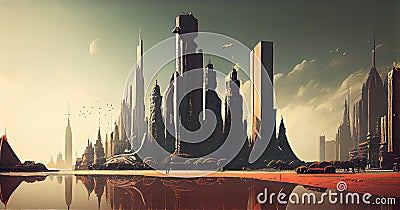 Cyberpunk Futuristic Cityscape with Skyline Digital Conceptual Illustration on Canvas Oil Painting AI Generative Stock Photo