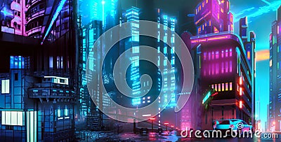 Outskirt at the slum city beneath neon light, Generative AI Based Artwork Stock Photo