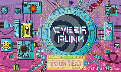 Cyberpunk futuristic poster with retro games elements tech abstract poster template modern flyer Vector Illustration