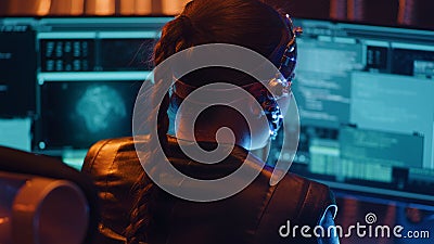 Cyberpunk girl backview types on keyboard multiple monitors with strings of code Stock Photo