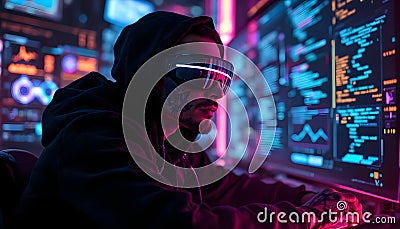 Cyberpunk Hacker Coding in Neon Virtual Reality Stock Photo