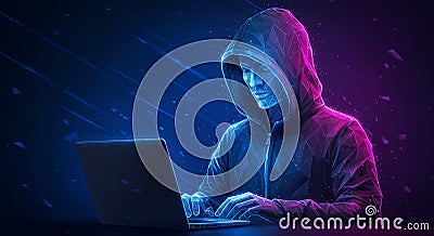 Cyberpunk Hacker: Neon Hacker Coding on Laptop - Security, Technology, Digital World, Artificial Intelligence, Futuristic Design Stock Photo