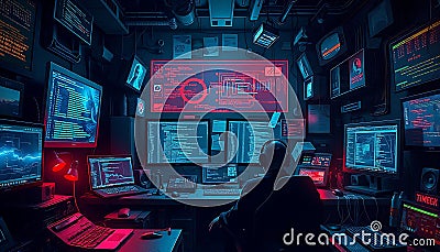 Cyberpunk hacker workspace. Futuristic tech setup, Stock Photo, Generative AI Stock Photo