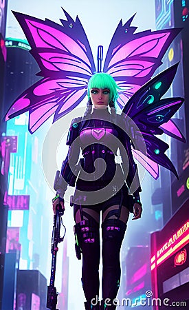 Cyberpunk Magic Cyan Fairy in a Futuristic Landscape Stock Photo