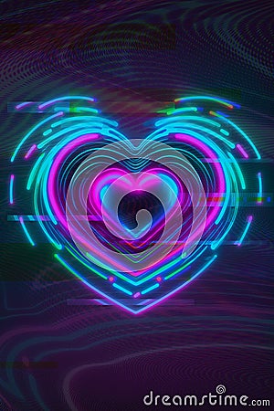 cyberpunk neon glowing 3d heart on glitched halftone background Stock Photo