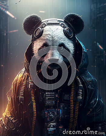 Cyberpunk Panda realistic illustration generated with AI tools Cartoon Illustration