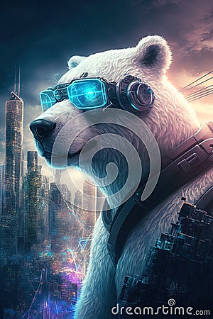 Cyberpunk Polar Bear in Urban Neon Shades - Generative AI Stock Photo