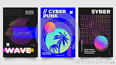 Cyberpunk poster. Futuristic background with summer sunset and palm trees in circle frame. Striped figures Vector Illustration