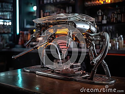 Cyberpunk robot bartender mixing chrome drink Stock Photo
