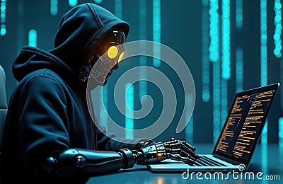 Cyberpunk robot hacker types code on laptop. Modern robot with hoodie in dark room. Digital network attack. Future tech crime Stock Photo