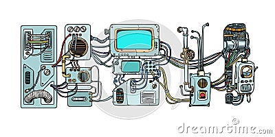 Cyberpunk robots mechanisms and machines. Details of the spacecr Vector Illustration