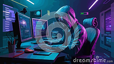 A cyberpunk scene depicting a hacker's mastery of technology and the thrill of navigating the digital underworld. Vector Illustration