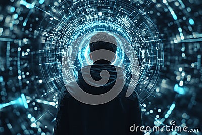 Cyberpunk Scene of Hacker Facing Impenetrable Security Visuals Stock Photo