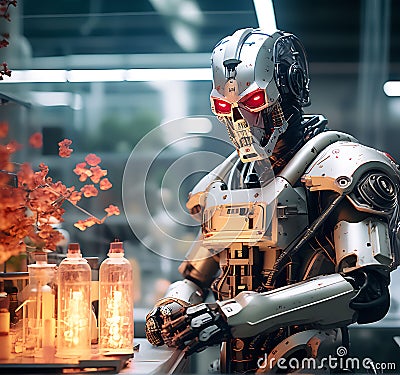 Cyberpunk Sci-Fi Dark Fantasy: Kodak Portrait 400 8K - Highly Detailed Futuristic Robot in Humanoid Form Depicting Artificial Stock Photo