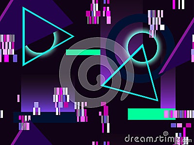 Cyberpunk seamless pattern. Retro futurism of the 80s. Neon round and linear light rays. Glitch, signal error. Background synthwav Vector Illustration