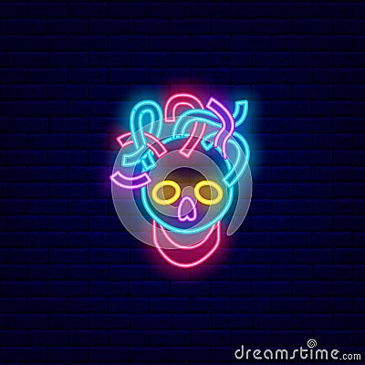 Cyberpunk skull with wires neon icon. Outer glowing effect banner. Editable stroke. Isolated vector illustration Vector Illustration