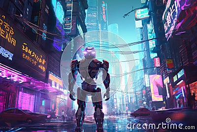 Cyberpunk soldier city patrol digital illustration of science fiction military robot warrior patrolling nighttime dystopian Cartoon Illustration