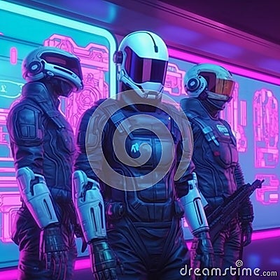 Cyberpunk soldier, neon highlights and neon contour. Cyberpunk soldier city patrol, illustration of science fiction Cartoon Illustration