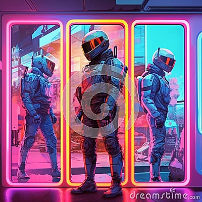 Cyberpunk soldier, neon highlights and neon contour. Cyberpunk soldier city patrol, illustration of science fiction Cartoon Illustration