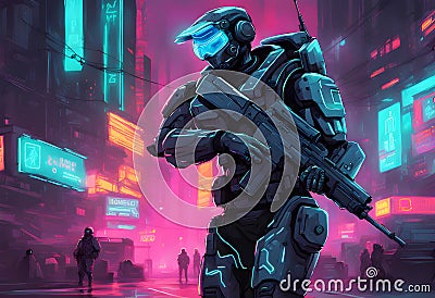 Cyberpunk soldier, neon highlights and neon Stock Photo