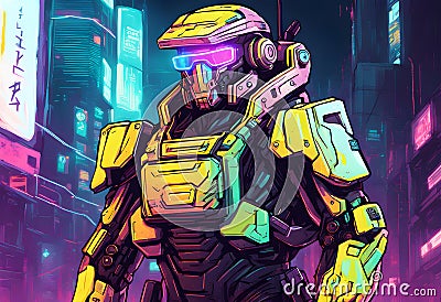 Cyberpunk soldier, neon highlights and neon Stock Photo