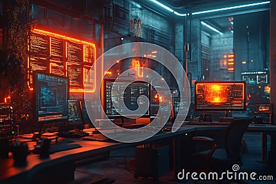 Cyberpunk-style futuristic hacker workspace with multiple monitors displaying code, neon lights, and city view Stock Photo