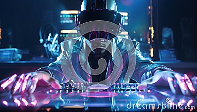 Cyberpunk style. a young african-american man wearing a virtual reality helmet and playing turntable Stock Photo