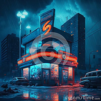 Cyberpunk styled cafe on the street corner with neon lights. Futuristic fast food restaurant with fake neon signs Stock Photo