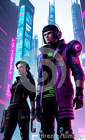 Cyberpunk Teen Heroes in a Techno Futuristic Landscape Stock Photo