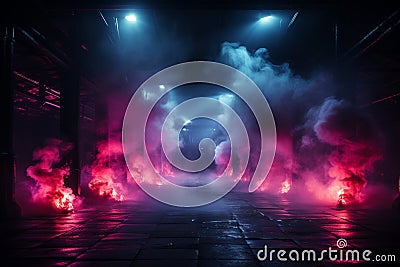 Cyberpunk vibe, Neon, smoke, concrete in empty brick room Stock Photo