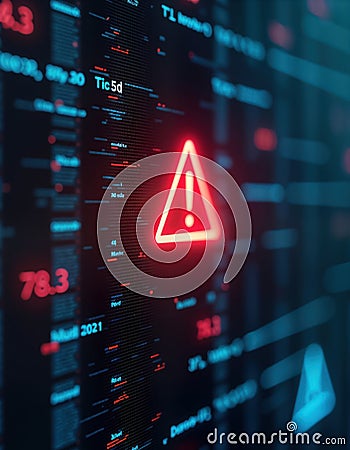 Cybersecurity alert appears on blurred digital display. Critical error warning sign highlights system breach. Hacker attack warns Stock Photo