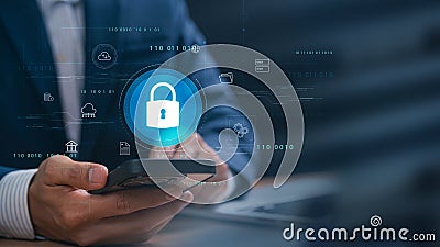 Cybersecurity and Blockchain Security in Digital Data Protection. Businessman with cybersecurity and blockchain icons, encryption Stock Photo