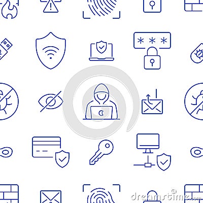 Cybersecurity blue seamless pattern. Vector on white background included line icons as outline hacker, fingerprint, bug Vector Illustration