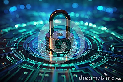 Cybersecurity concept with binary code symbolism is depicted by a blue keylock Stock Photo
