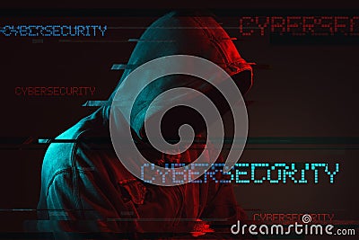 Cybersecurity concept with faceless hooded male person Stock Photo