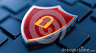 Cybersecurity concept featuring a metallic red shield with glowing encryption lock, symbolizing advanced security protocols, da Cartoon Illustration