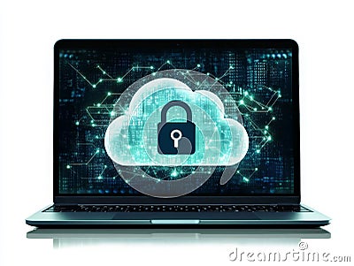 Cybersecurity concept glowing lock inside digital cloud secure network protection encrypted data storage futuristic technology Cartoon Illustration