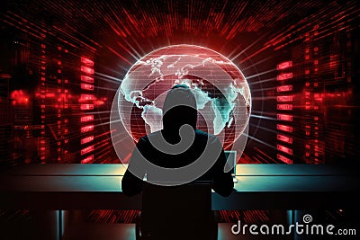 Cybersecurity concept with a hacker silhouette, global digital network. Stock Photo