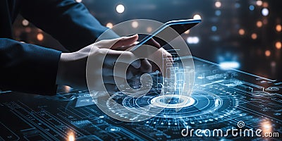 Cybersecurity concept with person using a tablet to navigate a complex interface with digital biometric fingerprint Stock Photo