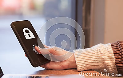 Cybersecurity concept. User log in to access smartphone. Biometric identification fingerprint username and password user Stock Photo
