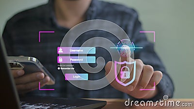 Cybersecurity concepts, logging, data protection, fingerprint scanning Stock Photo