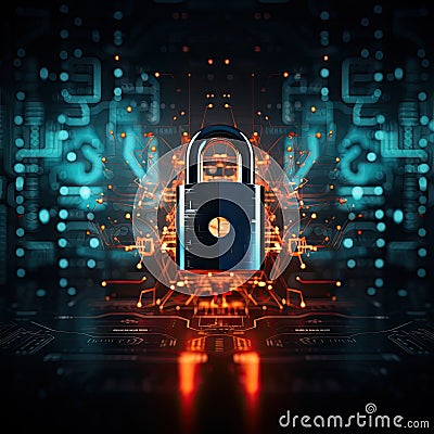 Cybersecurity and data concept, lock, binary digits, key background, orange and dark , modern, high quality, technology Stock Photo