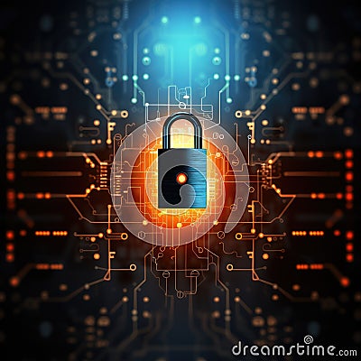 Cybersecurity and data concept, lock, binary digits, key background, orange and dark , modern, high quality, technology Stock Photo